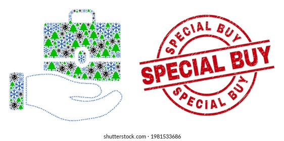 Winter viral collage hand offer case, and textured Special Buy red round watermark. Collage hand offer case is done from viral, green tree, and snowflake items.