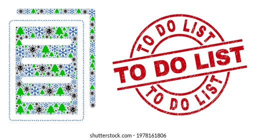 Winter viral collage list page, and rubber To Do List red round stamp imitation. Collage list page is made of flu infection, fir tree, and snowflake icons.