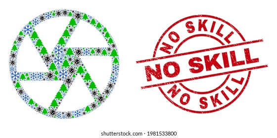 Obturador de color viral invernal y sello redondo rojo sin habilidad de goma. El obturador de collage se organiza con el virus Covid-2019, el árbol de abetos y los símbolos de la nieve. El sello rojo sin habilidad usa círculos y líneas.