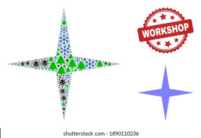 Winter viral collage space star, and distress Workshop red rosette stamp. Collage space star is made from virus, forest, and snowflake icons. Red Workshop stamp seal uses rosette form.