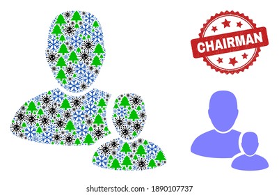 Winter viral collage user manager, and distress Chairman red rosette stamp seal. Collage user manager is designed from Covid-2019, fir tree, and snow symbols.