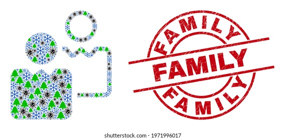 Winter viral collage users, and dirty Family red round watermark. Collage users is constructed from coronavirus, fir-tree, and snow icons. Red Family stamp uses circles and lines.