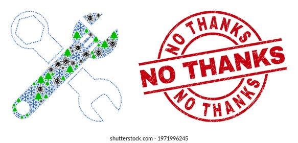 Winter viral collage wrenches, and scratched No Thanks red round stamp seal. Collage wrenches is formed of Corona virus, fir-tree, and snow symbols. Red No Thanks seal uses circles and lines.