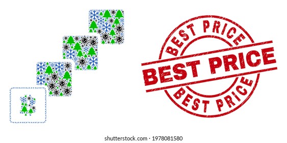 Winter viral combination bitcoin blockchain, and unclean Best Price red round stamp seal. Collage bitcoin blockchain is made with SARS virus, green tree, and snow items.