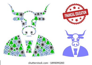 Winter viral composition cow man, and textured Financial Education red rosette stamp imitation. Collage cow man is made of corona virus, green tree, and snowflake items.