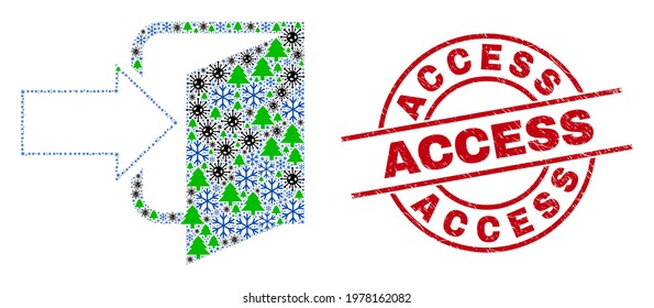 Winter viral mosaic exit door, and unclean Access red round watermark. Collage exit door is created with Corona virus, fir tree, and snowflake items. Red Access watermark uses circles and lines.