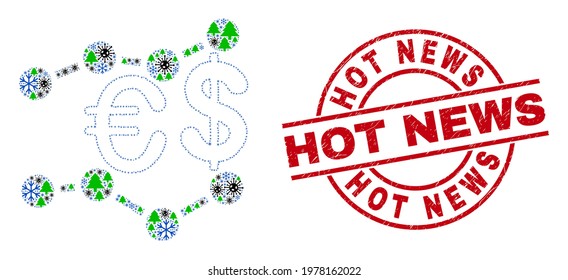 Winter viral mosaic financial trends, and scratched Hot News red round stamp seal. Collage financial trends is formed of Covid, fir-tree, and snow flake symbols.