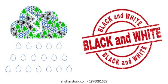 Winter viral mosaic storm cloud, and scratched Black and White red round stamp. Collage storm cloud is formed of viral, green tree, and snow symbols.