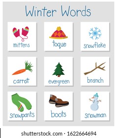 Winter vocabulary cue cards used to teach English to young learners. Cold weather themed, suitable for learning about cold countries, four climate, getting dressed, clothing, cultural activities