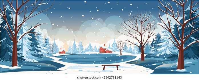 Winter Vocation background with houses Christmas tree inspired winter landscape