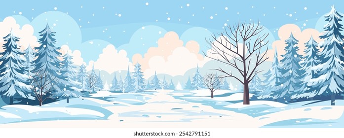 Winter Vocation background with houses Christmas tree inspired winter landscape