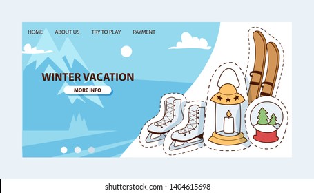 Winter vocation vector illustration. Ski, skates, candles, snow-globe badges, patches and stickers for website design with options. Home, payment, info. Mountains with snow and blue sky with clouds.