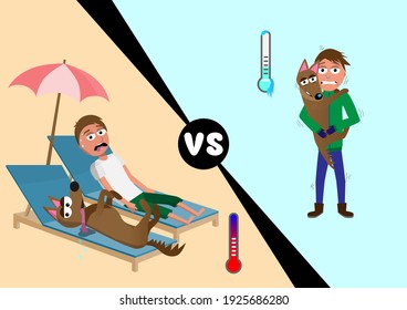 Winter Vs Summer Concept, Funny Cartoon Character Of Man And Dog, Shiwer In Cold Weather, Sweat In Hot Day