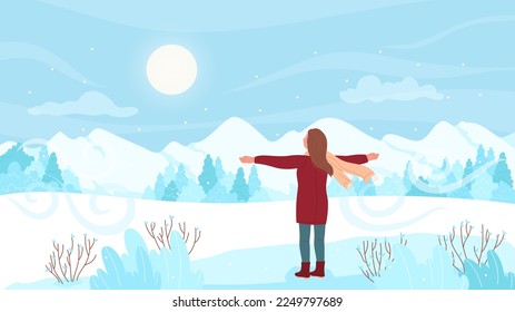 Winter walk and adventure of dreamy girl, back view vector illustration. Cartoon young woman hiking alone to enjoy mountain landscape, skyline with white snow and ice on peaks and cold scenery