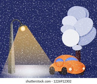 Winter walk by car. Night road and lantern.