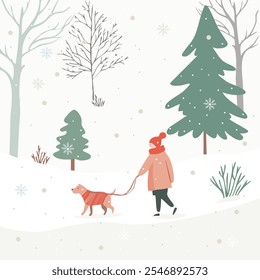 Winter Walk with Dog in Snowy Forest