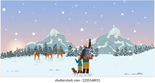 Winter walk of the family through the winter forest in the mountains to the wild deer. Christmas winter landscape. Vector illustration