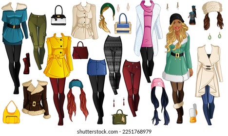 Winter Walk Paper Doll with Beautiful Lady, Outfits, Hairstyles and Accessories. Vector Illustration