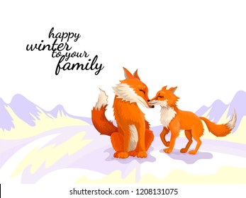 Winter walk of the parent with the child fox. Snow mountains and winter landscape. Cute cartoon characters. Animal family. Winter holiday card. Design for banner, poster. Vector illustration concept