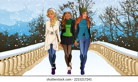 Winter Walk Set of Female Characters on a Snowy Background. Vector Illustration