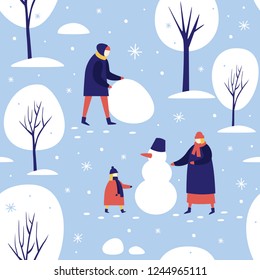 Winter walk in the snow-covered park. People make a snowman in the forest. Seamless pattern for winter, new year and christmas theme. Happy winter holidays. Vector colorful seasonal illustration.