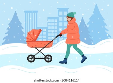 Winter walk of young mother with baby stroller. Woman in winter outerwear pushing pram for newborn, carriage for little child. Snowy weather. Vector flat illustration.