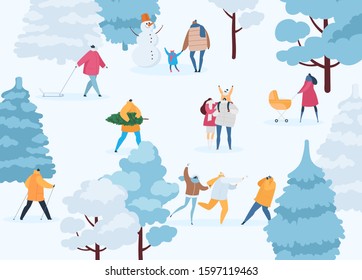 Winter and walking different people outdoor activity vector illustration. Men, women, children playing snowballs, skiing and sledding, sculpt a snowman, carry a Christmas tree.