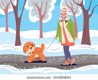 Winter walking with dog. Woman walk with puppy pet in cold city snow park outdoor, girl in warm clothes gloves coat hat on coldness street pets owner, classy vector illustration original artwork