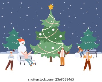Winter walking people, meeting friends at christmas tree. Xmas or new year outdoor party in city park, happy cartoon teens vector illustration