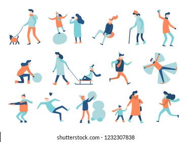 Winter walking people. Winters activities, active man sledging and woman walk in warm suit or family outdoors on christmas holidays making snowman, take photo. Flat vector isolated icons set