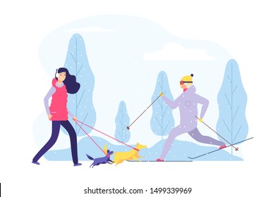 Winter walking. Women active winter time. Flat girl walks with dogs in forest vector illustration