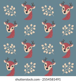 Winter wallpaper with cute cartoon animals and tree branches. Swamless texture for textile with fawns and leaves. Repeat winter ornament.