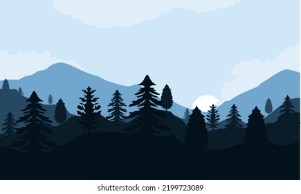 Winter wallpaper for desktop with flat design style. Winter illustration with mountains and pine trees.