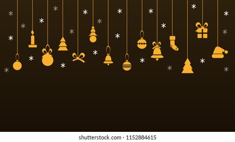 Winter wallpaper with flat yellow icons holding on ropes. Small snowflakes on dark background. Vector illustration of Christmas tree and balls, bells, bows, candles and socks.