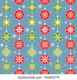 Winter wallpaper with hanging red and green snowflakes