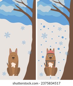 Winter wallpaper for phone, collection of Christmas wallpaper with dog in hat for phone, drawn vector collection