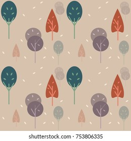 Winter wallpaper seamless pattern with trees and falling leaves. Ideal for autumn, cold season theme, backdrop, background, print