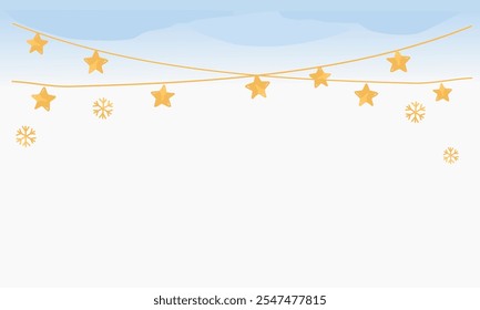 Winter wallpaper with star garland and snowflakes on blue sky background vector.