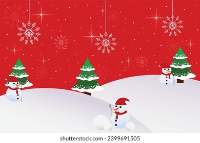 winter wallpeper red background,christmas tree,snowman,snowflakes,vector illustration