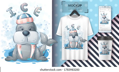 Winter walrus Dog poster and merchandising. Vector eps 10