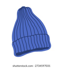 Winter wardrobe blue beanie, warm apparel item. Winter wardrobe blue beanie hat cartoon sticker, autumn or spring apparel headwear outfit isolated vector item. Warm garment accessory or element
