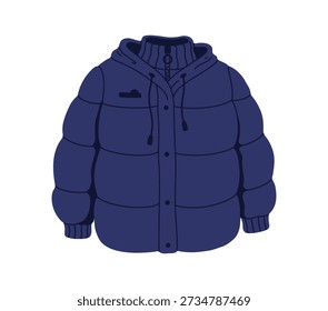 Roupeiro de inverno jaqueta de puffer azul, acessório de roupa da estação fria. Inverno frio roupa de vestuário isolado adesivo, outono ou primavera guarda-roupa elemento vetorial. Item ou acessório de vestuário quente