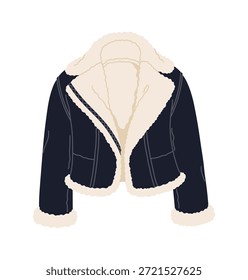 O guarda-roupa de inverno cortou a jaqueta de tosquia, item de vestuário quente. Vestuário de inverno roupa traje desenho animado adesivo, roupas de tempo frio item vetor isolado. Elemento ou acessório de vestuário quente