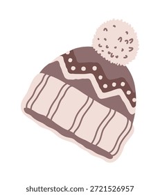 Chapéu de malha de guarda-roupa de inverno, item de roupa da estação fria. Item isolado de roupas quentes, acessório de vetor de roupas de inverno. Chapéu de malha de calça de tempo frio com elemento pompon ou etiqueta