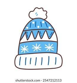 Winter warm blue hat with snowflakes on white background. Colorful vector isolated illustration hand drawn doodle icon with contour. Winter seasonal headdress, soft accessory, clip art or card