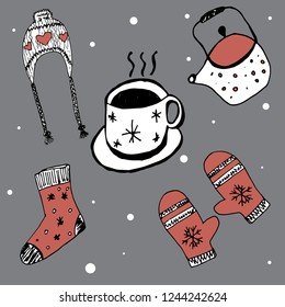 Winter warm clothes accessories and hot tea cup. Cozy and cute objects. Freehand drawing. Doodle style. Can be used for scrapbook, banner, print, etc.