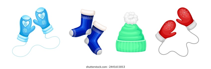 Winter Warm Clothes Accessory with Hat, Socks and Mitten Vector Set