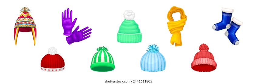 Winter Warm Clothes Accessory with Scarf, Hat and Socks Vector Set
