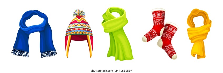 Winter Warm Clothes Accessory with Scarf, Hat and Socks Vector Set