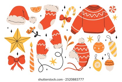 Winter warm clothes and elements. Cozy red hats. Headwear and winter accessories, stock, mittens, sweater, star, christmas toys and candy cane. Flat cartoon vector isolated icons set